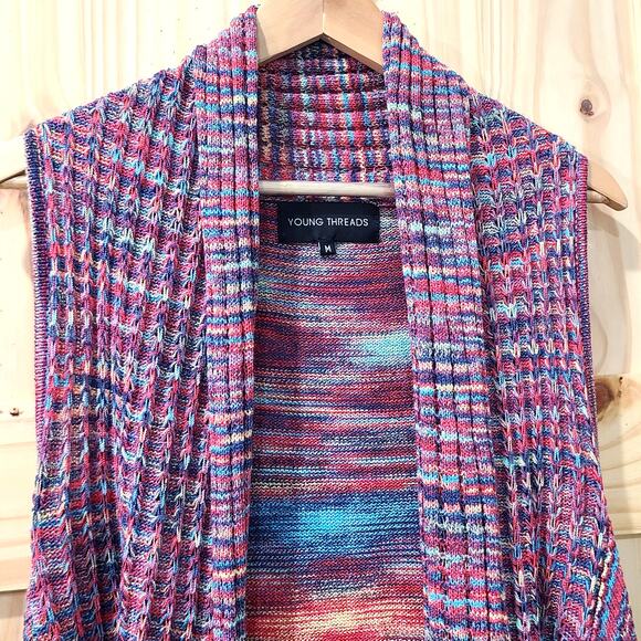 Young Threads Sleeveless Knit Waterfall Cardigan Multicolor Rainbow Boho Size M - Picture 2 of 8